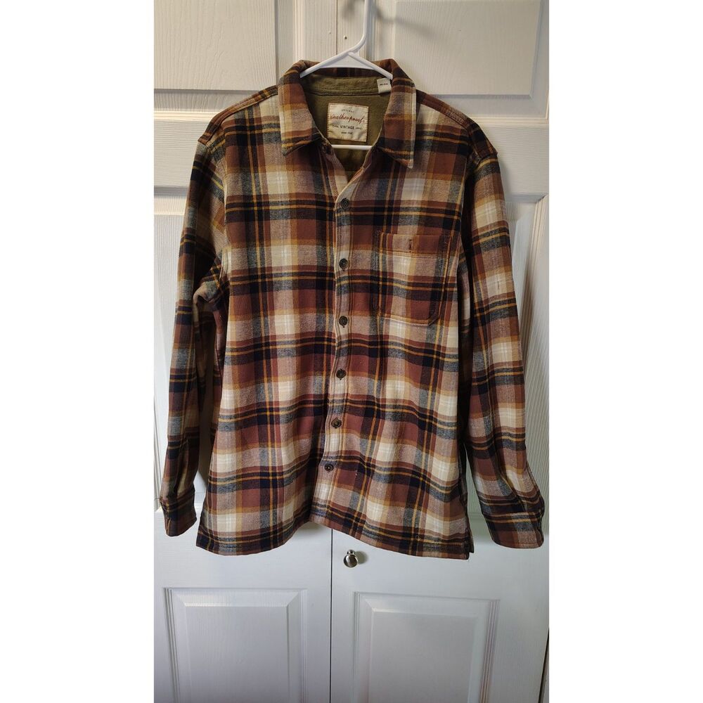Weatherproof Vintage Men's Medium Plaid Flannel Button Up Shirt Brown Orange M